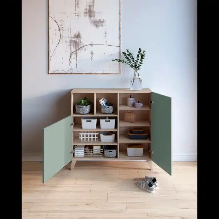 Rangement chaussures compact en chêne clair et vert pastel