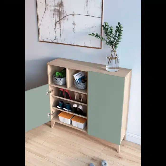 Meuble de rangement 10 paires – bois clair et finitions vertes mates