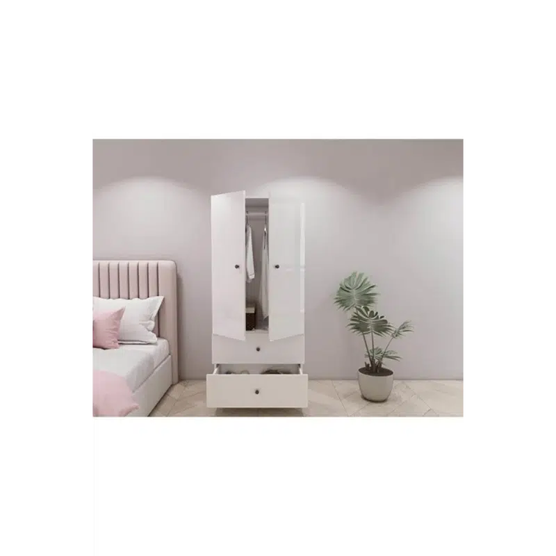 Armoire 2 portes 2 tiroirs blanche dressing chambre rangement moderne (4)