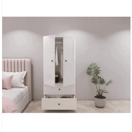 Armoire 2 portes 2 tiroirs blanche dressing chambre rangement moderne (4)