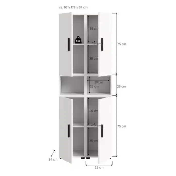 Armoire de rangement 4 portes et 2 niches blanche moderne