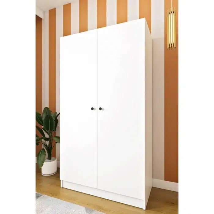 Armoire dressing 2 portes blanche et chêne avec penderie et étagères (4)