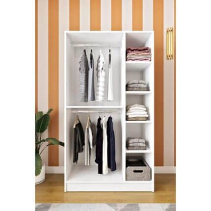 Armoire dressing 2 portes blanche et chêne avec penderie et etageres