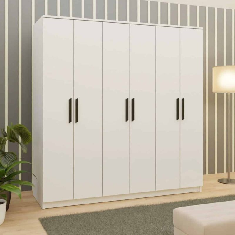 Armoire dressing 6 portes blanche avec poign&eacute;es noires 180x200 cm (3)