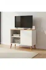 Meuble TV avec 1 porte style scandinave blanc et chêne 80 cm (2)