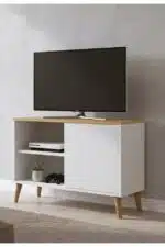 Meuble TV avec 1 porte style scandinave blanc et chêne 80 cm (3)