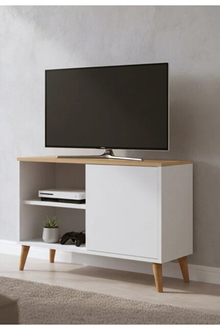 Meuble TV avec 1 porte style scandinave blanc et chêne 80 cm (3)
