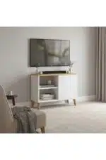 Meuble TV avec 1 porte style scandinave blanc et chêne 80 cm (4)